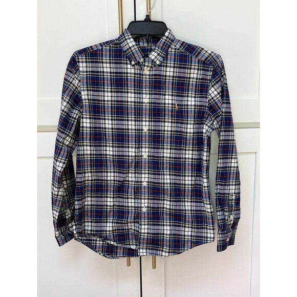 Ralph Lauren Blue Plaid Button Down Dress Shirt Boys Sz 14/16 Stretch Collared - Picture 1 of 6